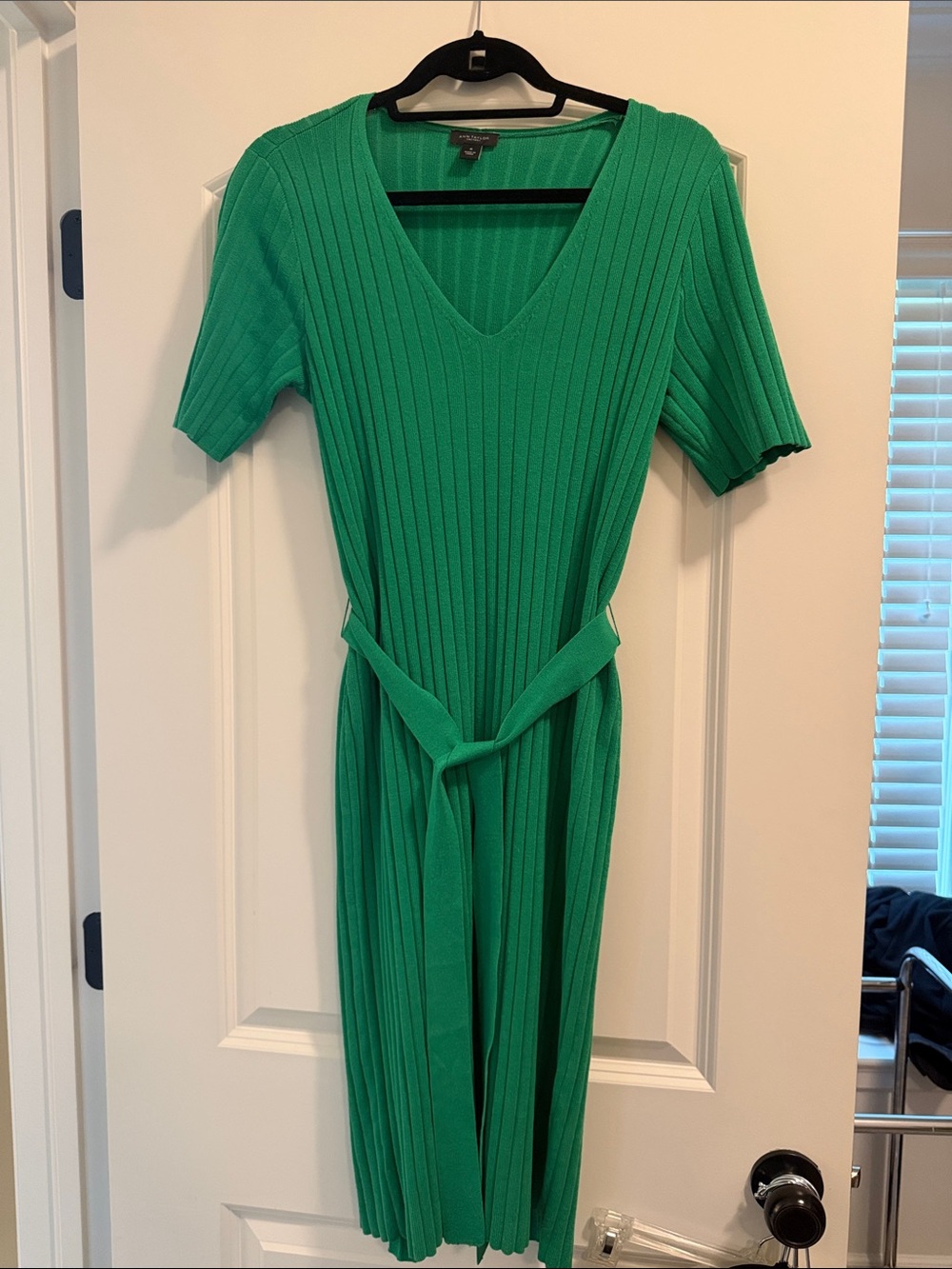 Green Ribbed V-Neck Belted Dress